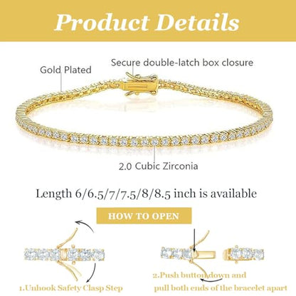 2.0MM Tennis Bracelet for Women and Men，18K White/Yellow Gold Plated Round 2mm Cubic Zirconia Classic Tennis Bracelet - color: Gold Plated, size: 8.5 inch