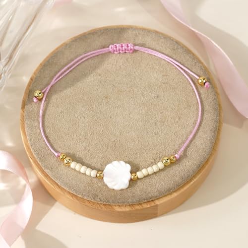 Boho Glass Seed Beaded Bracelets For Women, Handmade Romantic Gold Plated charm String Braided Rope Adjustable Jewelry, Summer Beach Daily Party Friendship Gift - color: Pink Shell