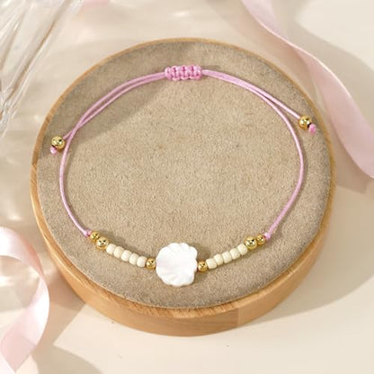 Boho Glass Seed Beaded Bracelets For Women, Handmade Romantic Gold Plated charm String Braided Rope Adjustable Jewelry, Summer Beach Daily Party Friendship Gift - color: Pink Shell