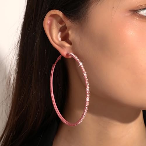 80mm Rhinestone Hoop Earrings for Women Sparkly Earrings Cubic Zirconia Circle Earring Exaggerated Prom Earring Large Rhinestones Round Hoop Earrings Silver Prom Jewelry for Party Wedding Birthday - color: Pink
