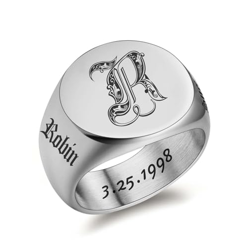 Custom Signet Ring for Men Personalized Initial Ring Custom Mens Rings Engraved Ring Customized Memorial Graduation Gifts for Father Husband Boyfriend Friends - color: Round Silver