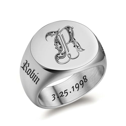 Custom Signet Ring for Men Personalized Initial Ring Custom Mens Rings Engraved Ring Customized Memorial Graduation Gifts for Father Husband Boyfriend Friends - color: Round Silver