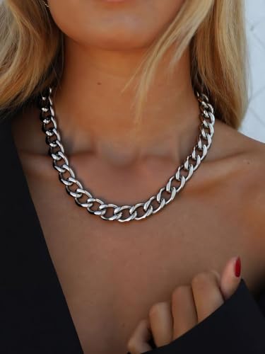 ChainsPro Cuban Link Chain for Women,Stainless Steel Chunky Necklace Silver/Gold Plated Thick Chain Choker, 12/16/20 mm Width,18" and 20" Punk Hip Hop Trendy Non Tarnish Jewelry Gifts - color: Silver, style: 12mm-20"
