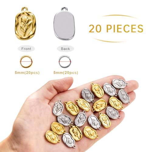 20pcs Stainless Steel Square Charms for Jewelry Making Rose Pendant Charm Bulk Men and Women Bracelet Necklace DIY - color: Square Flower