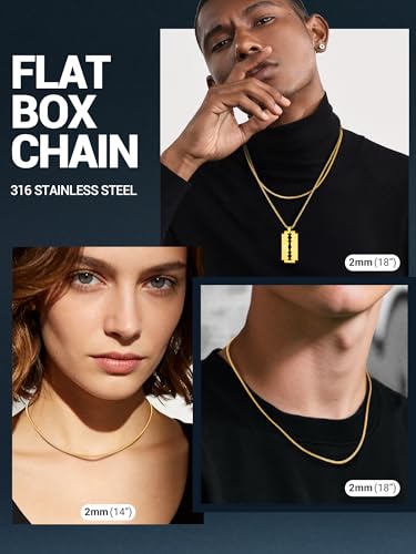 PROSTEEL Stainless Steel Flat Box Link Chain Necklace for Men | Silver/Black/18K Gold Plated,2/3/4/5/6/7/8mm Width Chain with Strong Lobster Clasp/Waterproof Men Women Jewelry with Gift Box - size: 18 inch(46cm), style: 2mm-Luxury Gold