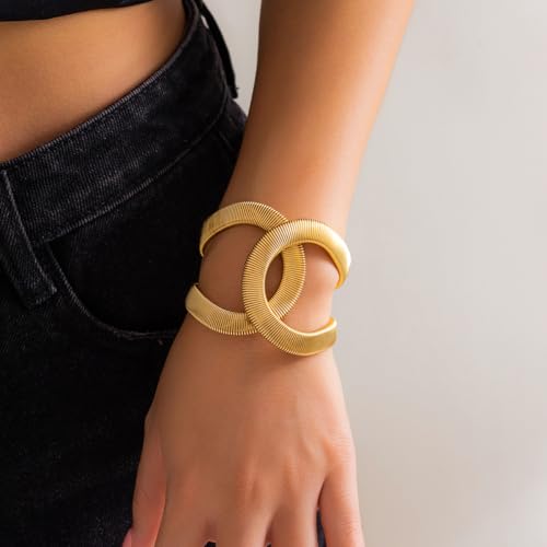Chunky Cuff Bracelets for Women Wide Gold/Silver Cuffs Bangle Hollow Out Adjustable Bracelets Punk Vintage Jewelry - style: Gold B
