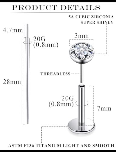 20G 18G 16G F136 Titanium Threadless Flat Back Earrings Nose Studs Tragus Forward Helix Conch Cartilage Lobe Earrings Medusa Labret Snake Bite Monroe Lip Ring Piercing Jewelry For Women Men - size: 20G-7MM Bar-CZ 3MM