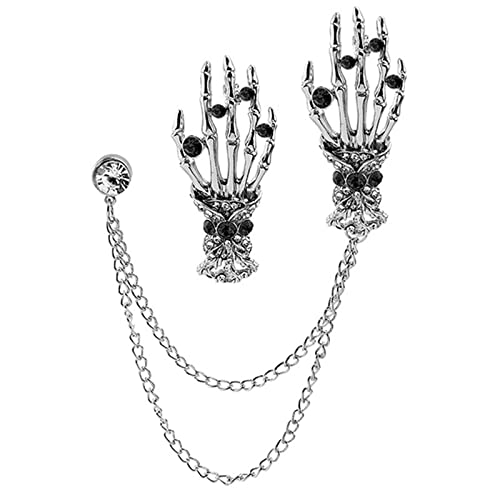 2PCS Vintage Skeleton Hand Long Chain Lapel Pin for Women Men Gothic Punk Brooch Retro Crystal Skeleton Skull Collar Pin Halloween Gifts - color: Black Skeleton Lapel Pin