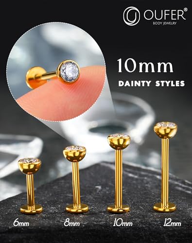 OUFER 2Pcs 20G/18G/16G G23 Titanium Threadless Nose Stud Earrings Flat Back Tiny CZ Small Nose Helix Cartilage Tragus Conch Labret Medusa Monroe Piercing Jewelry for Women Men - color: Gold, size: 1pcs, 16g 10mm, 4mm cz