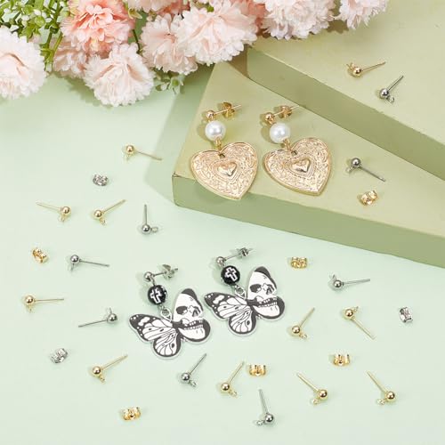 1 Box 200Pcs Ball Post Earring Studs Hypoallergenic Earring Posts Silver Stainless Steel Ear Stud with Butterfly Ear Back and Loop Connector Findings for Jewelry Making Supplies DIY - color: Gold, Stainless Steel Silver