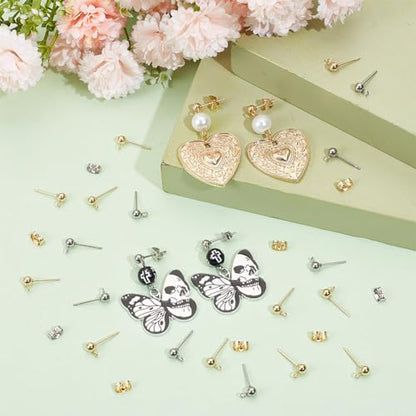1 Box 200Pcs Ball Post Earring Studs Hypoallergenic Earring Posts Silver Stainless Steel Ear Stud with Butterfly Ear Back and Loop Connector Findings for Jewelry Making Supplies DIY - color: Gold, Stainless Steel Silver