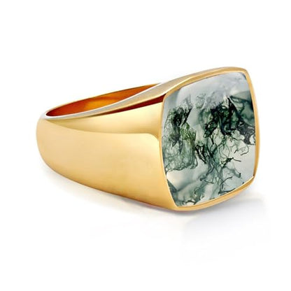 Square Cut Tiger Eye/Black Onyx/Turquoise/Lapis/Moss Agate Rings for Men 925 Sterling Silver 10K 14K 18K Gold Signet Rings for Men - style: Moss Agate