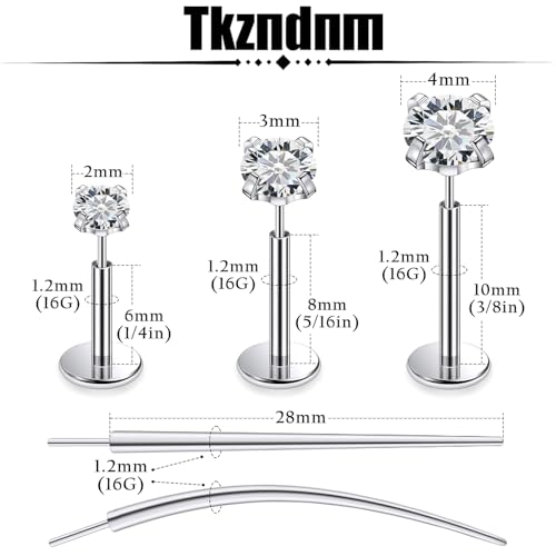 F136 Titanium 20/18/16G Earrings Nose Lip Rings Medusa Tragus Cartilage Helix Labret Flat Back Threadless Implant Grade Stud Piercing Jewelry for Women - color: White CZ, size: 16g*6/8/10mm*2/3/4mm