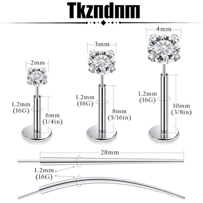 F136 Titanium 20/18/16G Earrings Nose Lip Rings Medusa Tragus Cartilage Helix Labret Flat Back Threadless Implant Grade Stud Piercing Jewelry for Women - color: White CZ, size: 16g*6/8/10mm*2/3/4mm