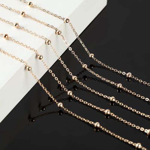 KYUNHOO 32.8 Feet Beaded Jewelry Chain Roll Light Gold Plated Cable Chain Links Soldered Iron Chain on Spool Necklace Making Supplies Thin Chain for Women DIY Craft Jewelry Finding - color: Bead Gold