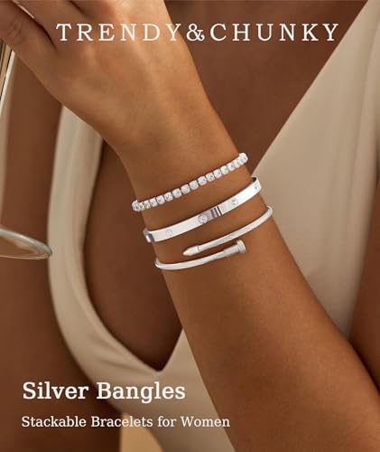 ZOERAY Silver Gold Bangle Bracelets for Women Non Tarnish 14k Gold Plated Stackable Cuff Bracelets for Women Trendy Cubic Zirconia Stainless Steel Chunky Bracelet Stack Set Waterproof Jewelry Gifts - color: B.Tennis-Silver