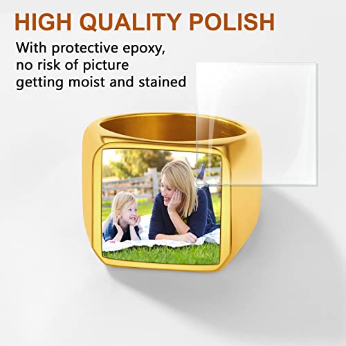 FindChic Customized Signet Photo Rings Square/Heart/Round Chunky Band Ring Stainless Steel/18K Gold Plated/Black Size 7 to 14 Personalized Jewelry for Men Women, Send Gift Box - color: 01. square-no stones (gold)