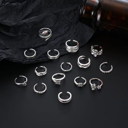 46 Pcs Toe Rings for Women Adjustable Vintage Bohemian Toe Ring Set Open Snake Flower Band Knuckle Tail Ring Silver Gold Plated Summer Beach Foot Jewelry