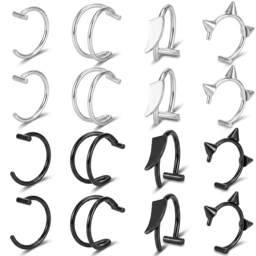16Pcs Fake Lip Piercing Faux Lip Ring Cuffs Clip on Lip Rings Non Piercing Stainless Steel Snake Bites Vampire Fangs Jewelry Double Hoop Lip Cuff for Halloween Punk Y2K Accessories Women Men