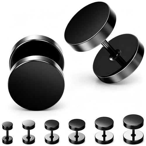 Hypoallergenic Black Stud Earrings for Men Women: 6 Pairs Flat Back Stainless Steel Cartilage Piercing Ear Tunnel 5mm-10mm - style: 6Pairs-Black-Studs