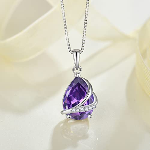 Birthstone Pendant Necklace 925 Sterling Silver Teardrop Jewelry for Women - color: Purple