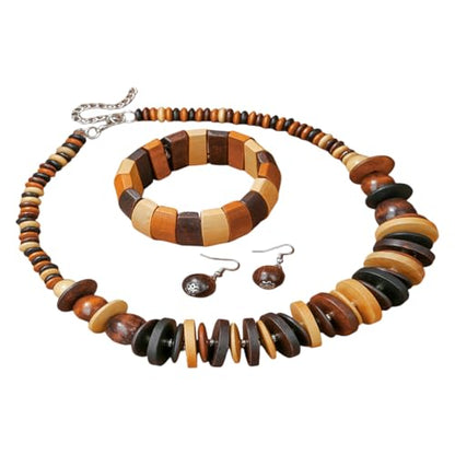 Colorful Ethnic Wooden Earrings Round Statement Dangle Earrings Multilayered Geometric Beaded Bracelet Necklace Set for Women Exaggerated Tribal Jewelry - color: Mixed Color B