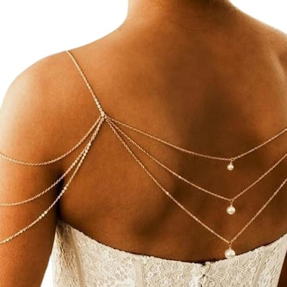 Silver/Gold Wedding Shoulder Chain Jewelry,Multi-Layered Pearl Back Chain Pearl Shoulder Arm Chain Sexy Bridal Wedding Backdrop Jewelry for Women