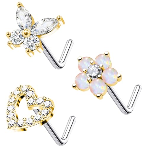 20G 3PCS Nose Ring Studs 316L Heart Nose Rings Nose Studs Butterfly and Flower Nose Stud Surgical Steel CZ L-Shaped Piercing Jewelry - color: Gold