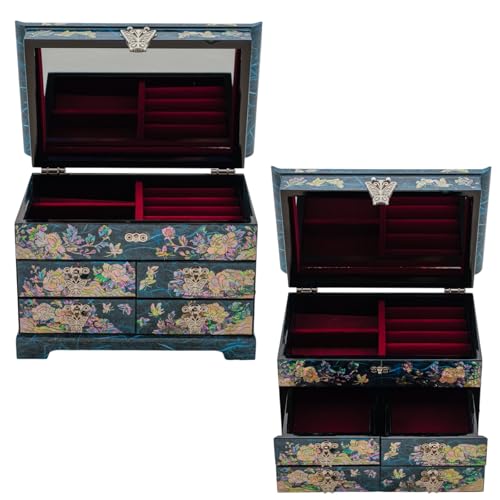 February Mountain Mother of Pearl Wooden Jewelry Organizer Box – Jewelry Storage Box for Women, Features Spacious Drawers, Ideal for Rings, Bracelets, Watches, Chains, Accessories (Peony_Blue) - style: Peony_Blue