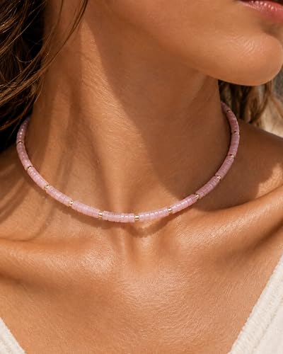 Natural Heishi Gemstone Choker Necklace for Women, Adjustable 15"+2" Beaded Layering Necklace, Coastal Beach Jewelry Gift for Her - color: Rose Quartz (Light Color)