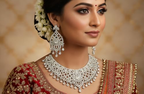 Touchstone Indian jewelry sets for women tikka wedding necklace costume guest statement bollywood rhinestones crystal faux pearls gold big royal neck piece set bridal fashion accessories - color: D303 White 2