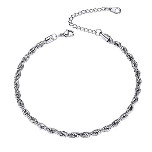 Adjustbale Link Chain Anklet for Women Summer Jewelry, 316L Stainless Steel Figaro/Wheat/Twist Rope/Cuban Foot Bracelet-Waterproof, Resizable 9"-12" (Gift Box Included) - color: 1, Rope - Stainless Steel