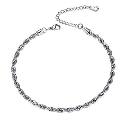 Adjustbale Link Chain Anklet for Women Summer Jewelry, 316L Stainless Steel Figaro/Wheat/Twist Rope/Cuban Foot Bracelet-Waterproof, Resizable 9"-12" (Gift Box Included) - color: 1, Rope - Stainless Steel