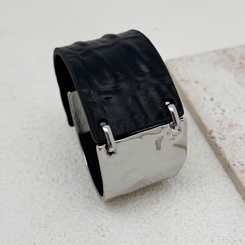 Leather Bracelet for Women Black Leather Golden Bracelet Bangle Chunky Leather Wrap Bracelet for Women Statement Jewelry Gift - style: Genuine Leather Bracelet-Silver
