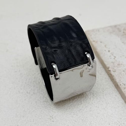 Leather Bracelet for Women Black Leather Golden Bracelet Bangle Chunky Leather Wrap Bracelet for Women Statement Jewelry Gift - style: Genuine Leather Bracelet-Silver