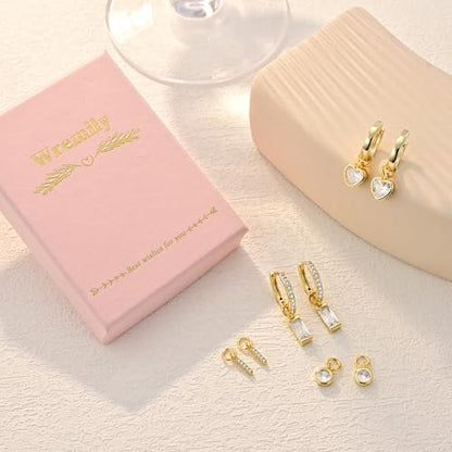 14K Gold Plated Huggie Earrings and Charm Set for Women |Mix and Match Earring Pack with Cubic Zirconia Star Heart Flower Bow Small Hoop Earrings with Charms