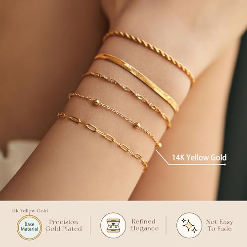Gold Bracelets for Women, 14K Gold Plated Stackable Bracelet Stack Set Adjustable Charm Paperclip Chain Cuban Link Layered Waterproof Jewelry Sets Gifts for Womens 6.5 Inch - color: Golden-A 6.5 IN