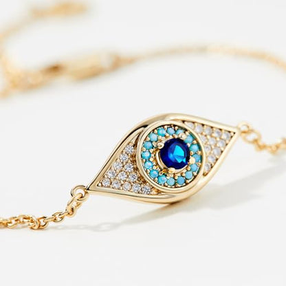 Cicy Bell Evil Eye Bracelets 18k Gold Plated Adjustable | Turquoise，Zirconia Link, Trendy Jewelry Gift for Women, 15.9" with 1.9'' Extender - color: A-Gold
