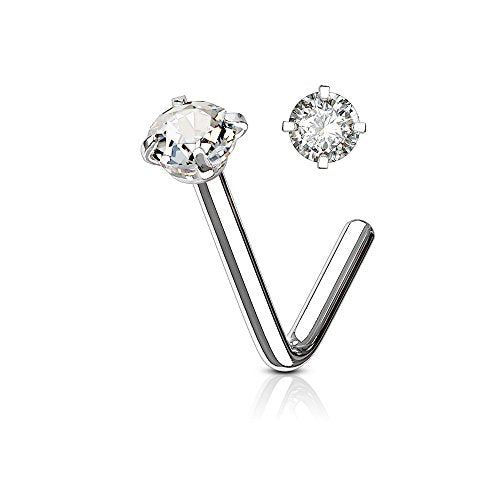Round CZ L Bend Nose Stud Ring 316L Surgical Steel (CHOOSE SIZE & COLOR) - style: 20 GA Clear