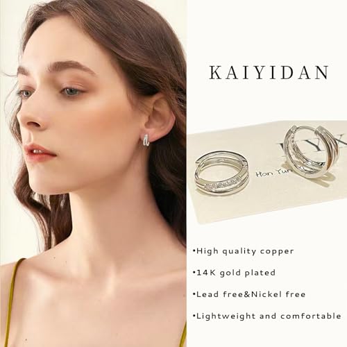 2 Pairs Gold/Silver Hoop Earrings For Women Set Trendy,14K Plated Gold Chunky Huggie Hoop Earings Pack,Oval Twisted Statement Silver Hoops,Fashion Jewelry Gift - color: B4 double loops CZ hoops set