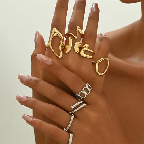 9Pcs Dainty Chunky Gold Knuckle Rings Set Stackable for Women, Statement Thick Hollow Oval Huggie Wavy Mixed Metal Joint Midi Finger Open Ring Pack Jewelry