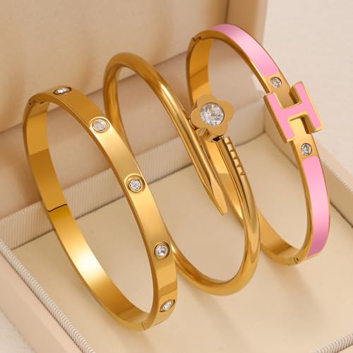 3Pcs Gold Bracelets for Women 14K Gold Plated Love/H/Nail Bangle Bracelet Dainty Non Tarnish Bracelet Jewelry Christmas Mothers Day Gifts for Women - color: 3Pcs Gold/Pink H bracelet