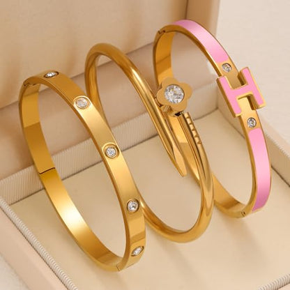3Pcs Gold Bracelets for Women 14K Gold Plated Love/H/Nail Bangle Bracelet Dainty Non Tarnish Bracelet Jewelry Christmas Mothers Day Gifts for Women - color: 3Pcs Gold/Pink H bracelet