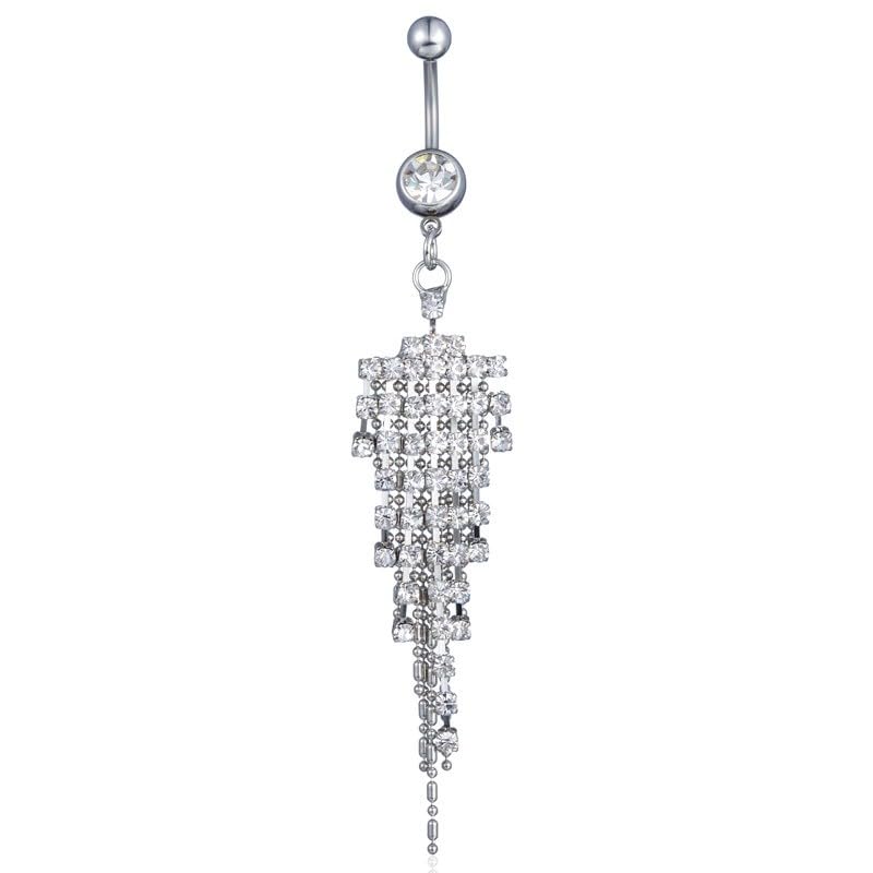14G CZ Tassel Dangle Belly Button Rings for Women Sparkling Cubic Zirconia Crystal Fringe Dangling Belly Navel Studs Rings Navel Curved Barbell Body Piercing Jewelry
