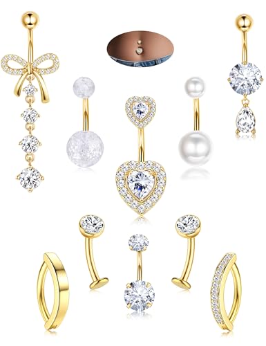 JeryWe Hypoallergenic Belly Button Ring Surgical Stainless Steel - Dainty Dangle Navel Piercing Jewelry CZ Bow Heart Ball Pearl Clicker Piercings for Women - color: 14K Gold Plated