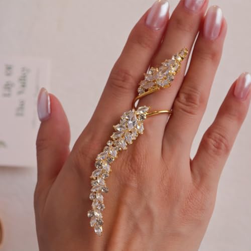 Rhinestone Finger Ring for Women Sparkly Crystal Butterfly Flower Leaf Adjustable Statement Chain Rings Punk Jewelry - color: gold leaf