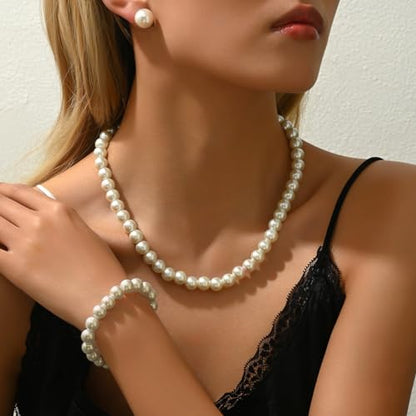 CSIYANJRY99 Pearl Necklace and Earring Set Faux Pearl Jewelry Sets for Women Imitation Beaded Pearl Necklace Bracelet Stud Earrings for Women - color: White Pearl