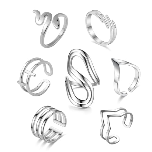 Loqimu 6 Pack Silver Midi Rings Stainless Steel Stackable Rings for Women Open Knuckle Rings Set Wide Irregular Finger Rings for Teen Girls Hug Geometric Fashion Rings Aesthetic Jewelry Gift - color: Silver 2