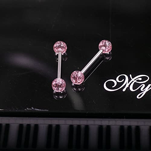 VERAMI 14G Stainless Steel Heart Nipple Rings and Barbell - Butterfly, Starlight Acrylic Ball, Tongue Rings for Women and Men - color: PINK-CZ