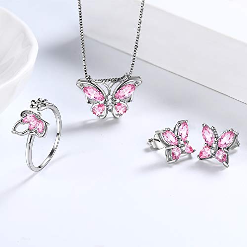 Aurora Tears Butterfly Jewelry,Women 925 Sterling Silver Butterflies Birthstone Pendant Necklace/Earrings/Rings Wedding Gift - color: J.October-set 2